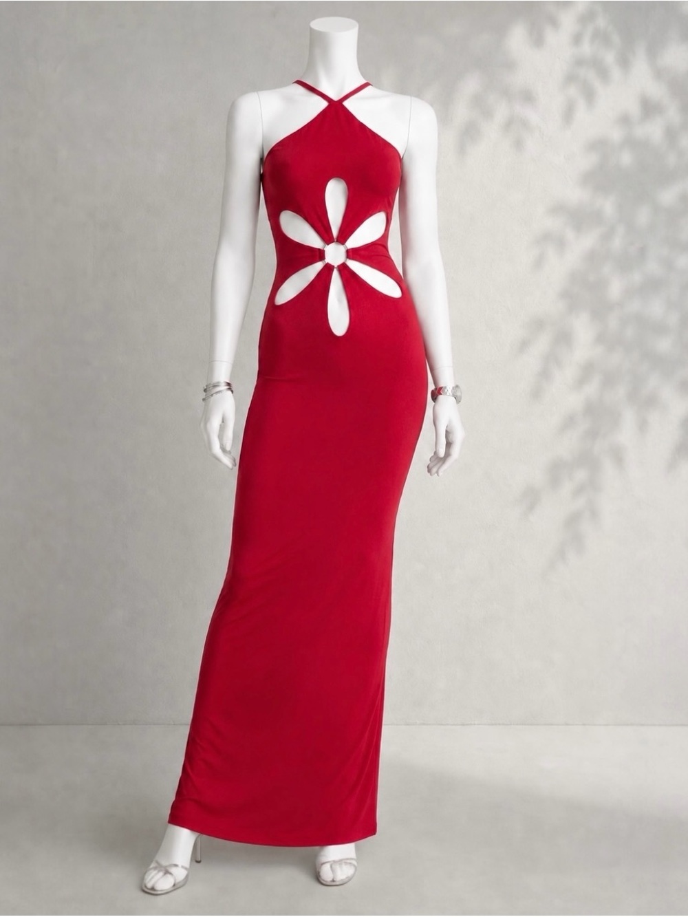 Peppermayo Red Cut Out Halter Maxi Dress Stretch Jersey Gown US 4 NWT